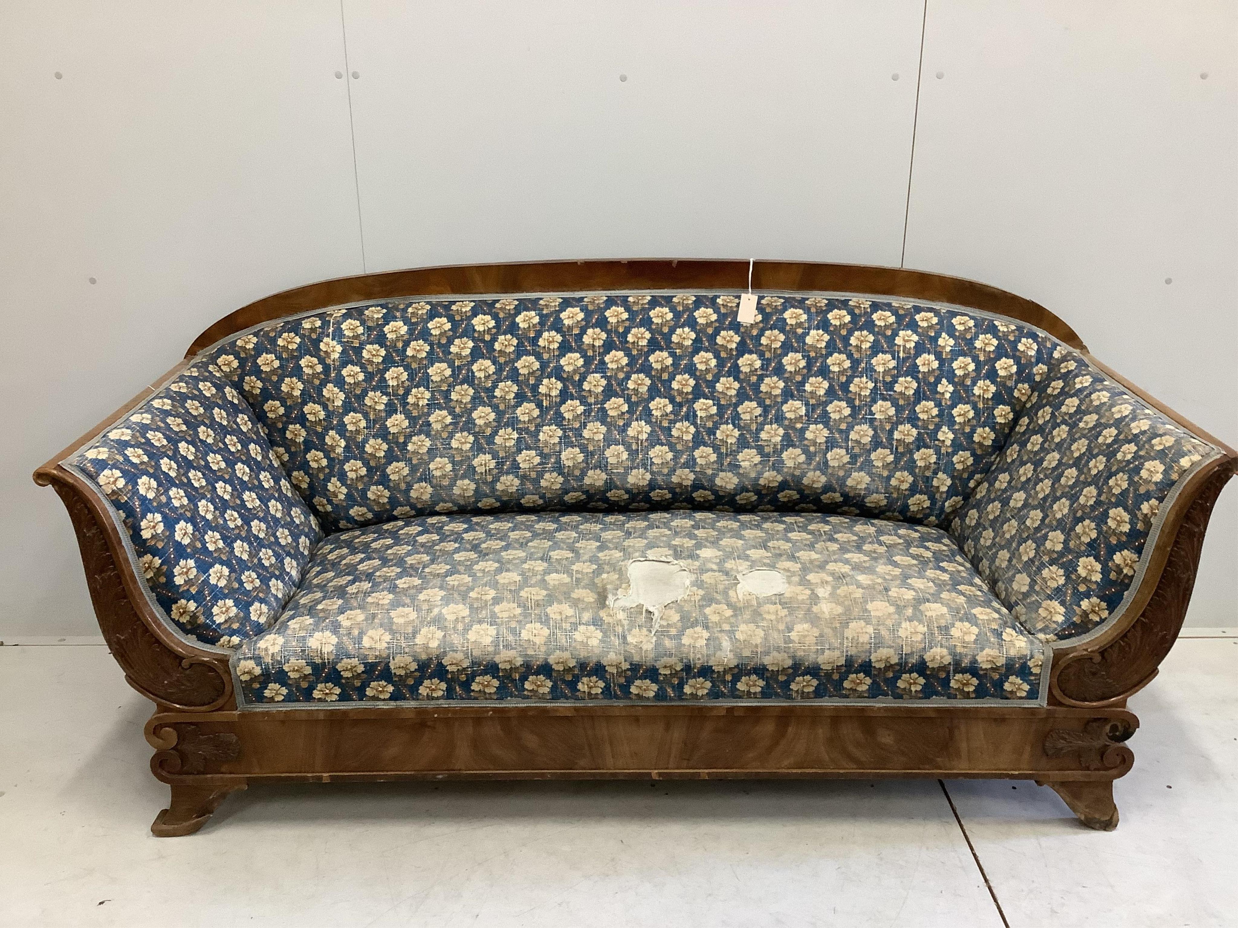 A 19th century Continental mahogany settee, width 202cm, depth 72cm, height 96cm. Condition - fair